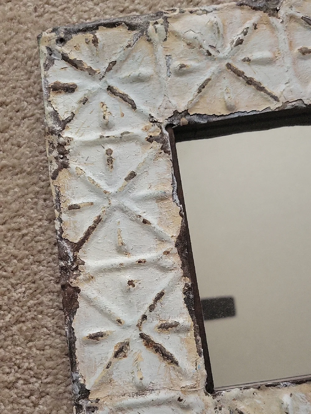 Distressed White Decorative Wall Mirror - Rustic Tile-Pattern Frame.